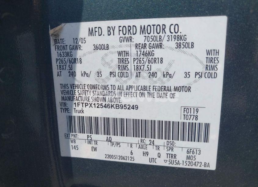 Photo 9 of 2006 Ford F-150 LARIAT/XL/XLT (VIN 1FTPX12546KB95249)