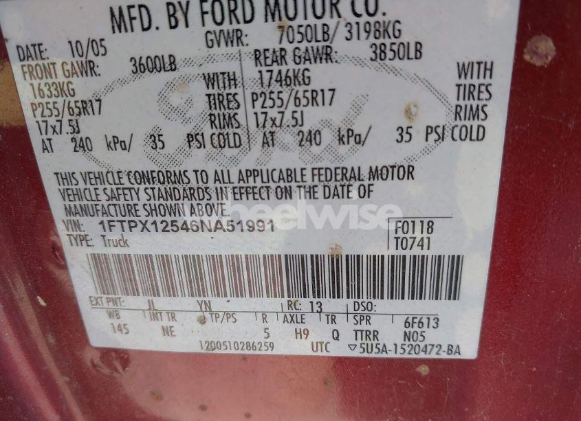 Photo 9 of 2006 Ford F-150 LARIAT/XL/XLT (VIN 1FTPX12546NA51991)