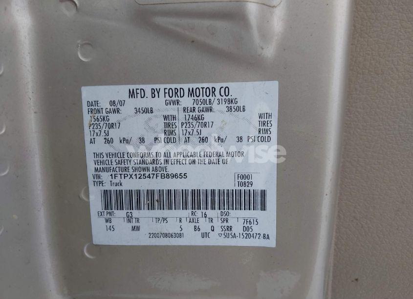 Photo 9 of 2007 Ford F-150 LARIAT/STX/XL/XLT (VIN 1FTPX12547FB89655)