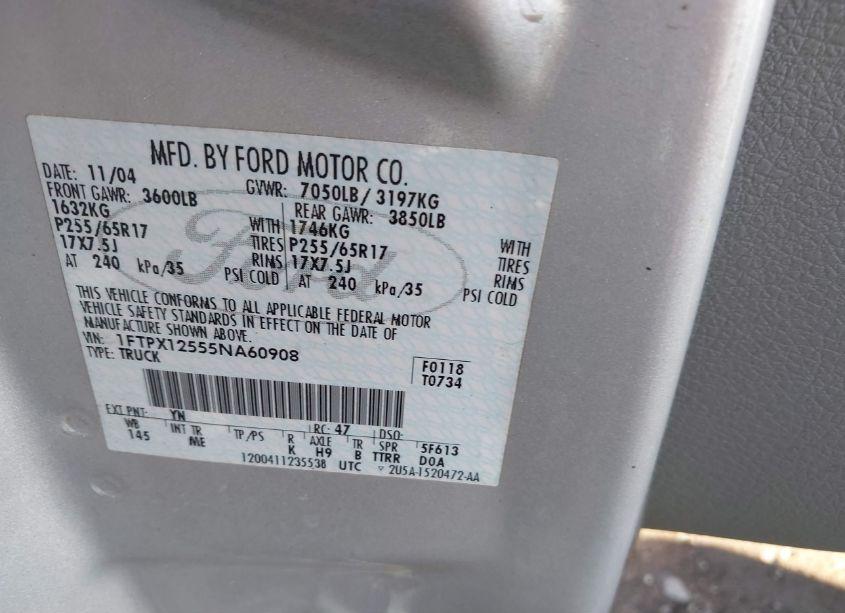 Photo 9 of 2005 Ford F-150 LARIAT/XL/XLT (VIN 1FTPX12555NA60908)