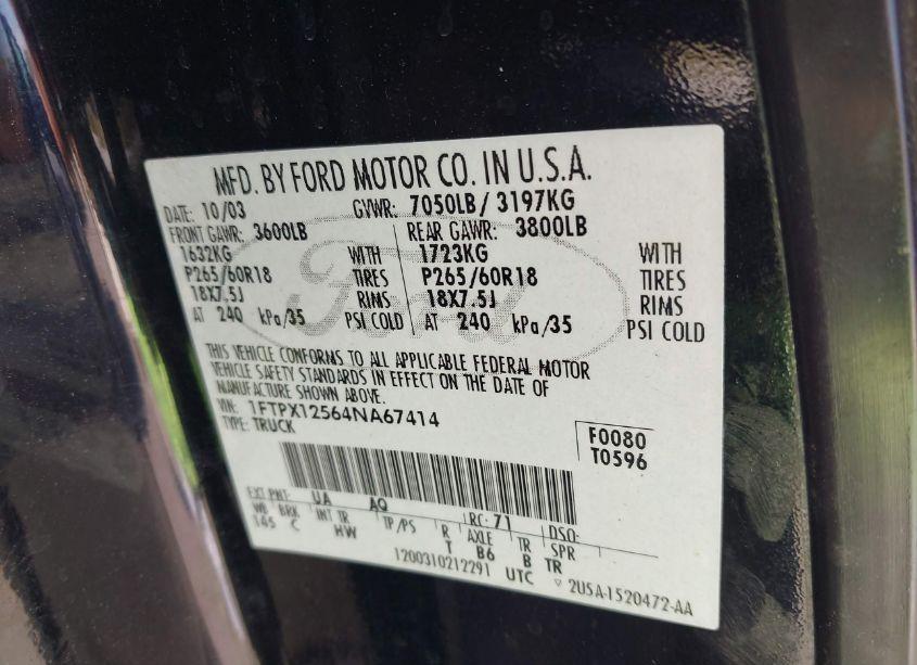 Photo 9 of 2004 Ford F-150 LARIAT/XL/XLT (VIN 1FTPX12564NA67414)