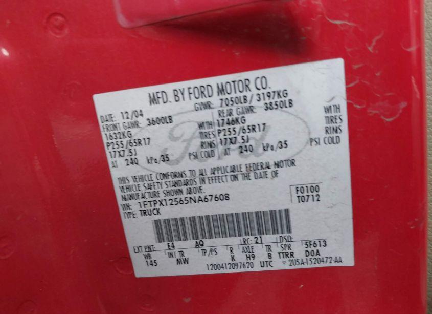 Photo 9 of 2005 Ford F-150 LARIAT/XL/XLT (VIN 1FTPX12565NA67608)