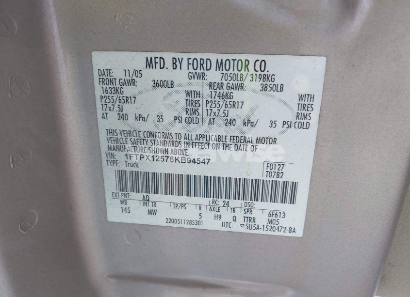 Photo 9 of 2006 Ford F-150 LARIAT/XL/XLT (VIN 1FTPX12576KB94547)