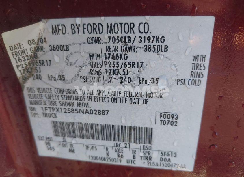 Photo 9 of 2005 Ford F-150 LARIAT/XL/XLT (VIN 1FTPX12585NA02887)