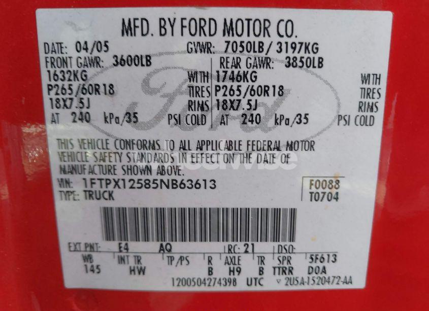 Photo 9 of 2005 Ford F-150 LARIAT/XL/XLT (VIN 1FTPX12585NB63613)