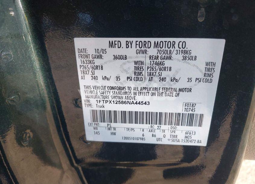 Photo 9 of 2006 Ford F-150 LARIAT/XL/XLT (VIN 1FTPX12586NA44543)