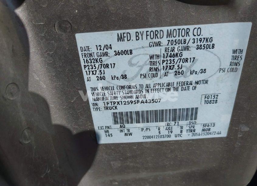 Photo 9 of 2005 Ford F-150 LARIAT/XL/XLT (VIN 1FTPX12595FA43507)