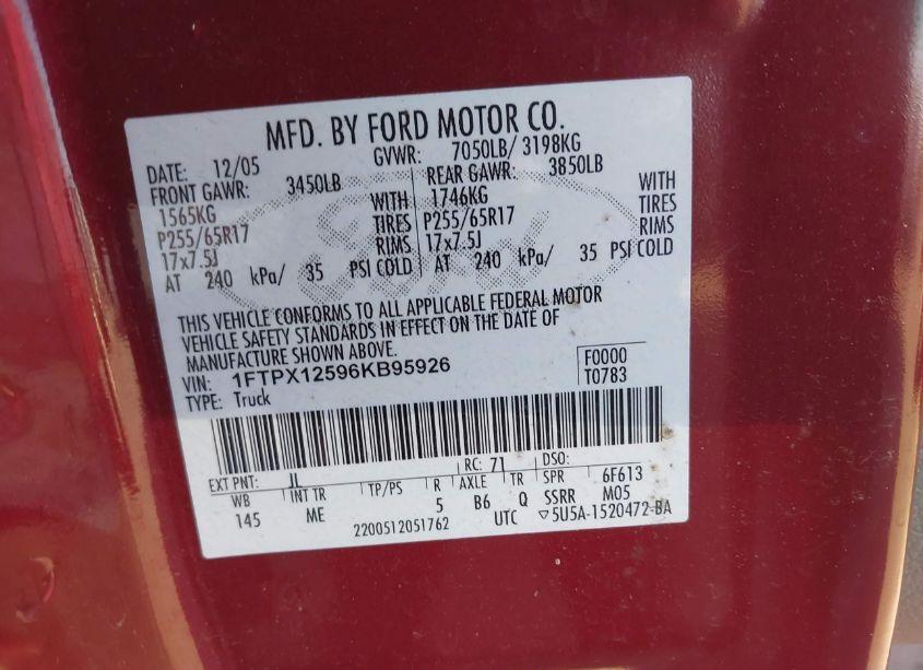 Photo 9 of 2006 Ford F-150 LARIAT/XL/XLT (VIN 1FTPX12596KB95926)