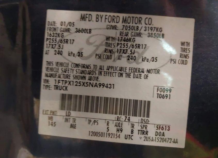 Photo 9 of 2005 Ford F-150 LARIAT/XL/XLT (VIN 1FTPX125X5NA99431)