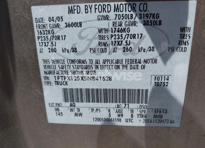 Photo 9 of 2005 Ford F-150 LARIAT/XL/XLT (VIN 1FTPX125X5NB41628)