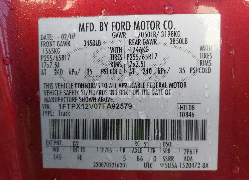 Photo 9 of 2007 Ford F-150 LARIAT/STX/XL/XLT (VIN 1FTPX12V07FA92579)