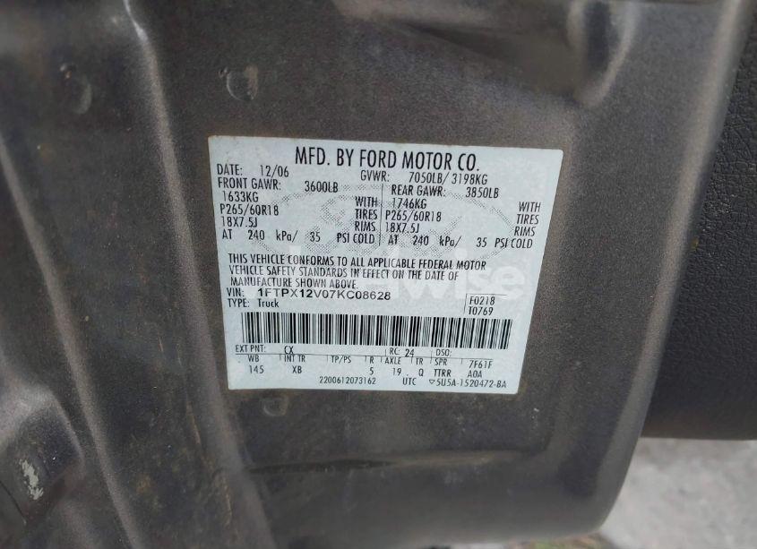 Photo 9 of 2007 Ford F-150 LARIAT/STX/XL/XLT (VIN 1FTPX12V07KC08628)