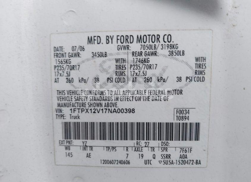 Photo 9 of 2007 Ford F-150 LARIAT/STX/XL/XLT (VIN 1FTPX12V17NA00398)