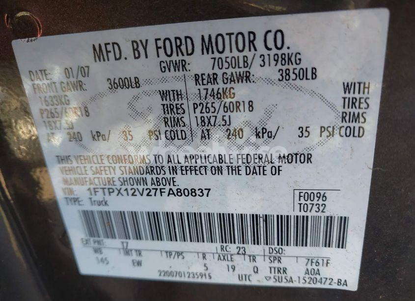 Photo 9 of 2007 Ford F-150 LARIAT/STX/XL/XLT (VIN 1FTPX12V27FA80837)