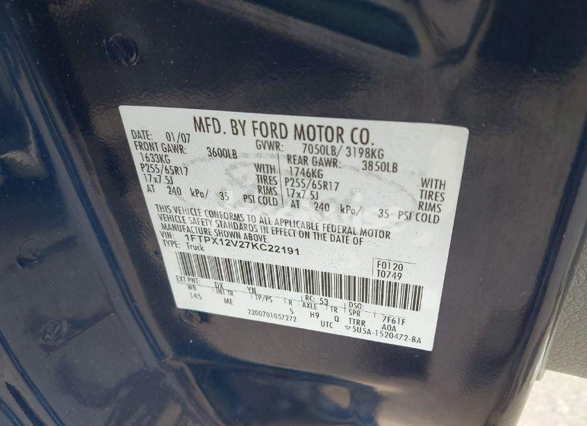 Photo 9 of 2007 Ford F-150 LARIAT/STX/XL/XLT (VIN 1FTPX12V27KC22191)