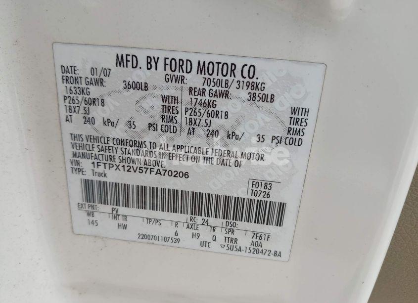 Photo 9 of 2007 Ford F-150 LARIAT/STX/XL/XLT (VIN 1FTPX12V57FA70206)