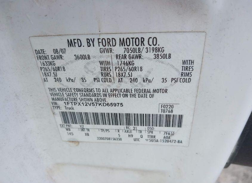Photo 9 of 2007 Ford F-150 LARIAT/STX/XL/XLT (VIN 1FTPX12V57KD65975)