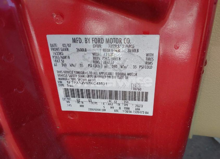 Photo 9 of 2007 Ford F-150 LARIAT/STX/XL/XLT (VIN 1FTPX12V67KC43531)