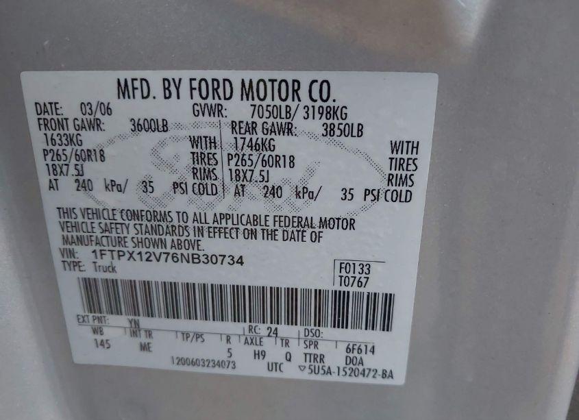 Photo 9 of 2006 Ford F-150 LARIAT/XL/XLT (VIN 1FTPX12V76NB30734)