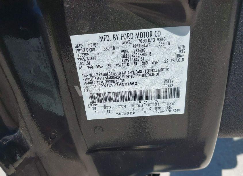 Photo 9 of 2007 Ford F-150 LARIAT/STX/XL/XLT (VIN 1FTPX12V77KC87862)