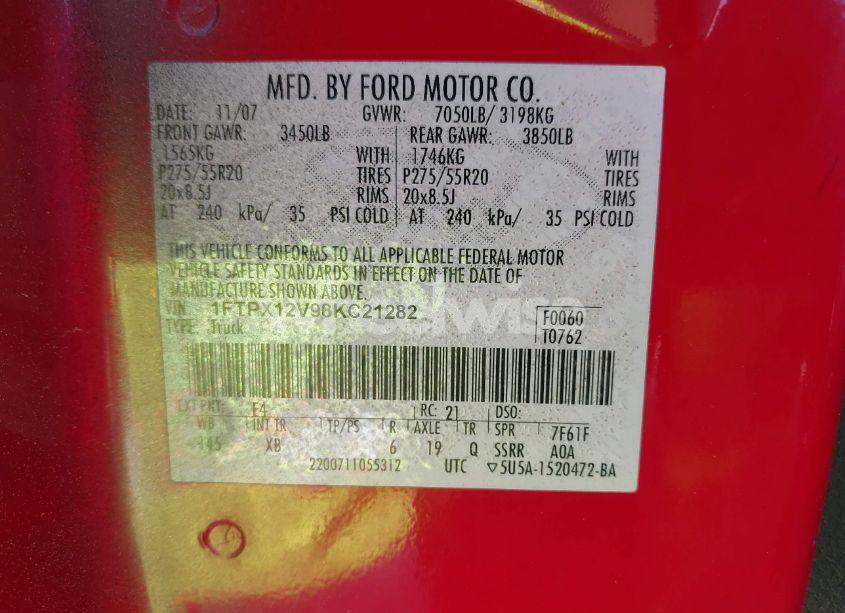 Photo 9 of 2008 Ford F-150 FX2/LARIAT/XL/XLT (VIN 1FTPX12V98KC21282)