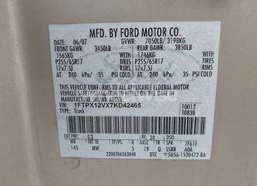 Photo 9 of 2007 Ford F-150 LARIAT/STX/XL/XLT (VIN 1FTPX12VX7KD42465)
