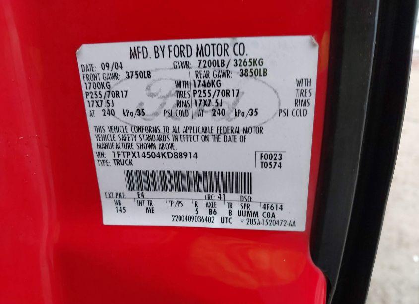 Photo 9 of 2004 Ford F-150 FX4/LARIAT/XL/XLT (VIN 1FTPX14504KD88914)