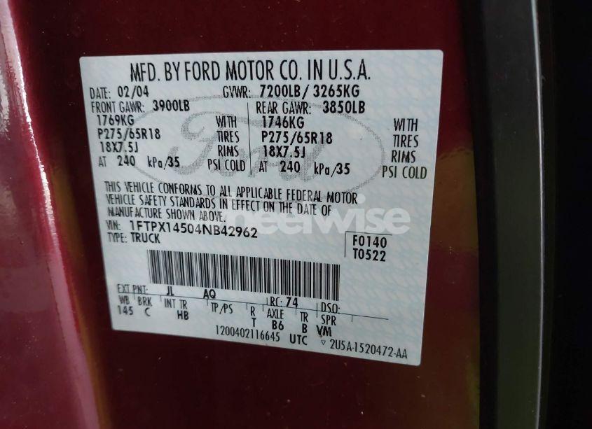 Photo 9 of 2004 Ford F-150 FX4/LARIAT/XL/XLT (VIN 1FTPX14504NB42962)