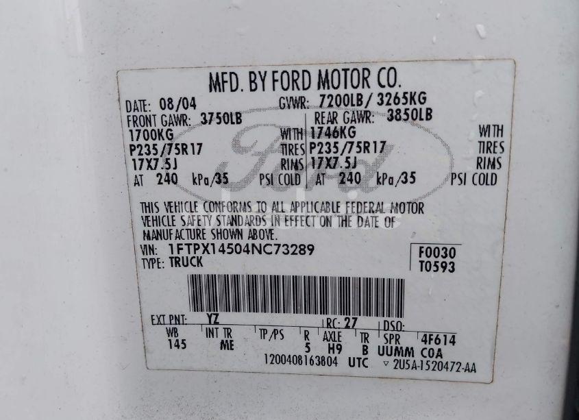 Photo 9 of 2004 Ford F-150 FX4/LARIAT/XL/XLT (VIN 1FTPX14504NC73289)