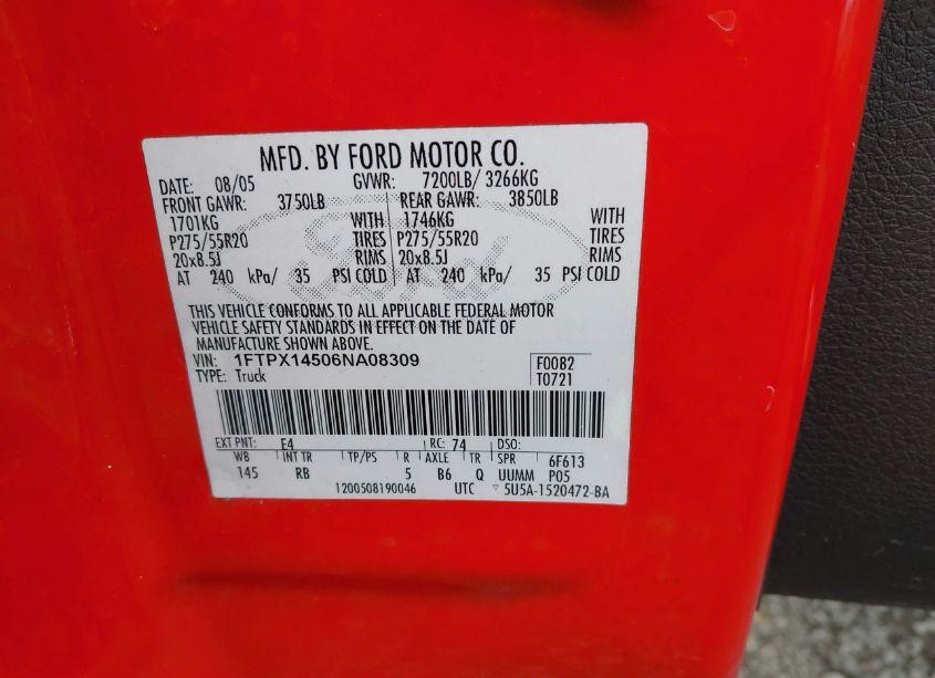 Photo 9 of 2006 Ford F-150 FX4/LARIAT/XL/XLT (VIN 1FTPX14506NA08309)