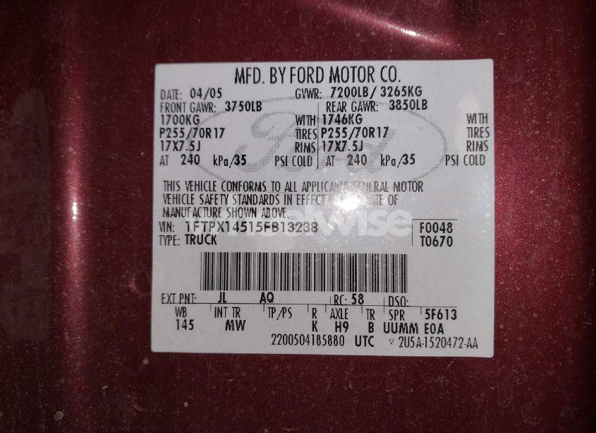 Photo 9 of 2005 Ford F-150 FX4/LARIAT/XL/XLT (VIN 1FTPX14515FB13238)