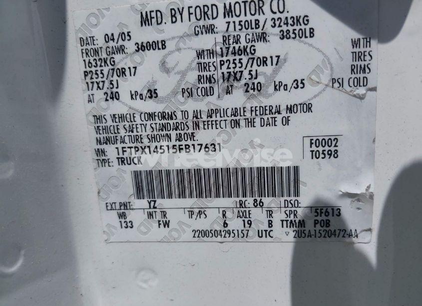 Photo 9 of 2005 Ford F-150 FX4/LARIAT/XL/XLT (VIN 1FTPX14515FB17631)