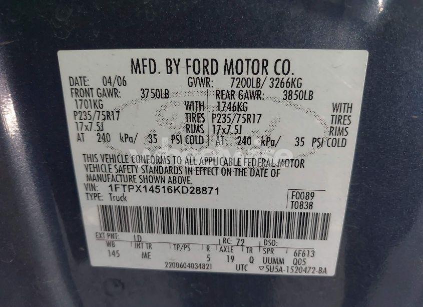 Photo 9 of 2006 Ford F-150 FX4/LARIAT/XL/XLT (VIN 1FTPX14516KD28871)