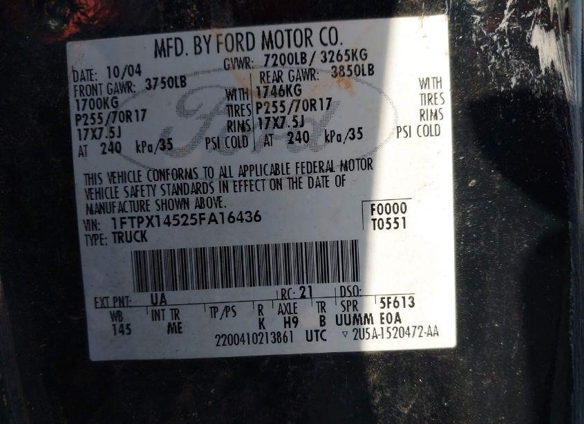 Photo 9 of 2005 Ford F-150 FX4/LARIAT/XL/XLT (VIN 1FTPX14525FA16436)