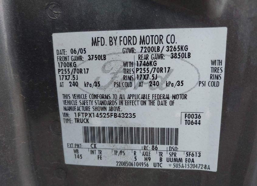 Photo 9 of 2005 Ford F-150 FX4/LARIAT/XL/XLT (VIN 1FTPX14525FB43235)