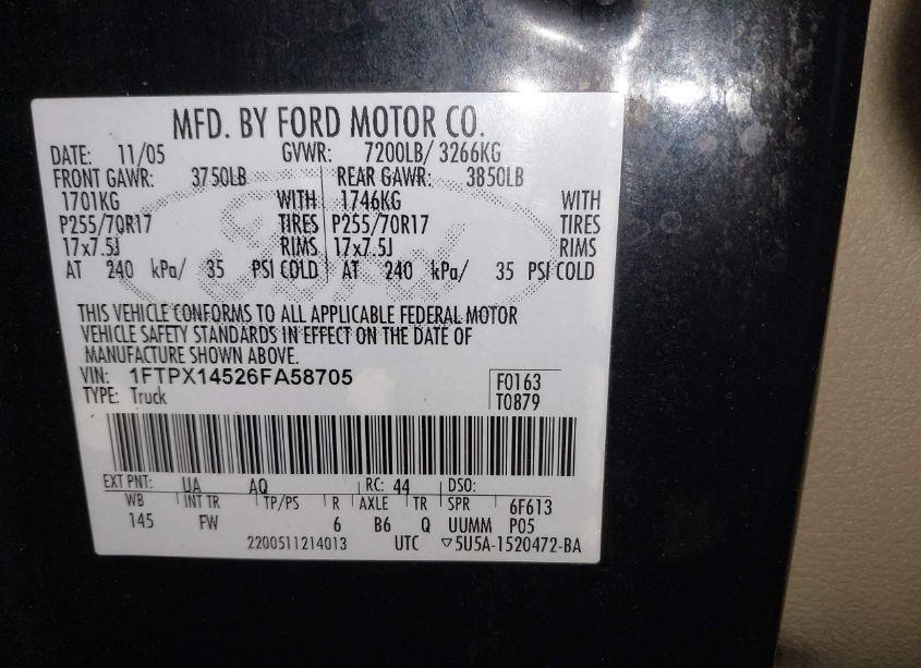 Photo 9 of 2006 Ford F-150 FX4/LARIAT/XL/XLT (VIN 1FTPX14526FA58705)