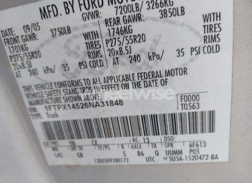 Photo 9 of 2006 Ford F-150 FX4/LARIAT/XL/XLT (VIN 1FTPX14526NA31848)