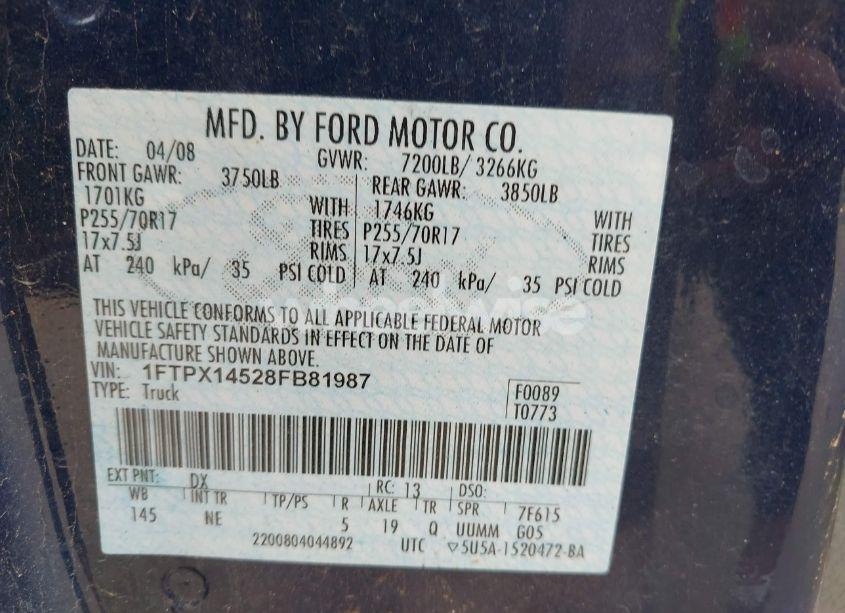 Photo 9 of 2008 Ford F-150 FX4/LARIAT/XL/XLT (VIN 1FTPX14528FB81987)