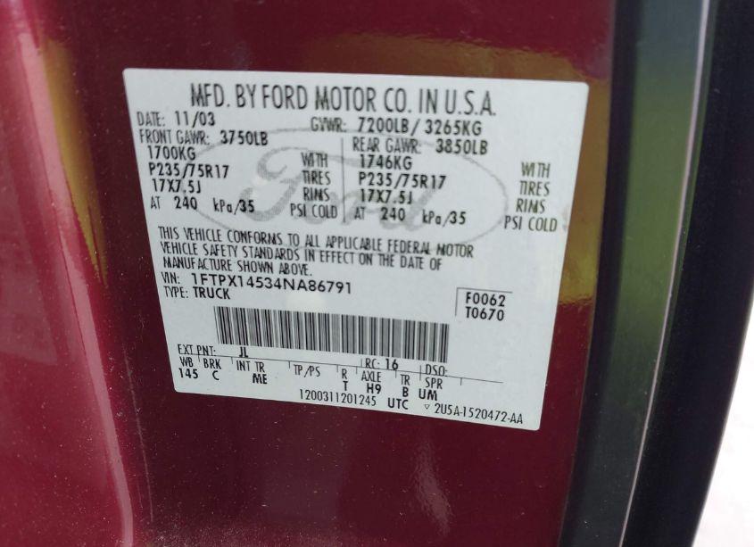 Photo 9 of 2004 Ford F-150 FX4/LARIAT/XL/XLT (VIN 1FTPX14534NA86791)