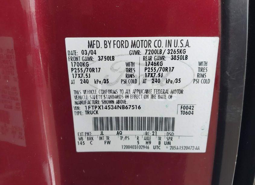 Photo 9 of 2004 Ford F-150 FX4/LARIAT/XL/XLT (VIN 1FTPX14534NB67516)