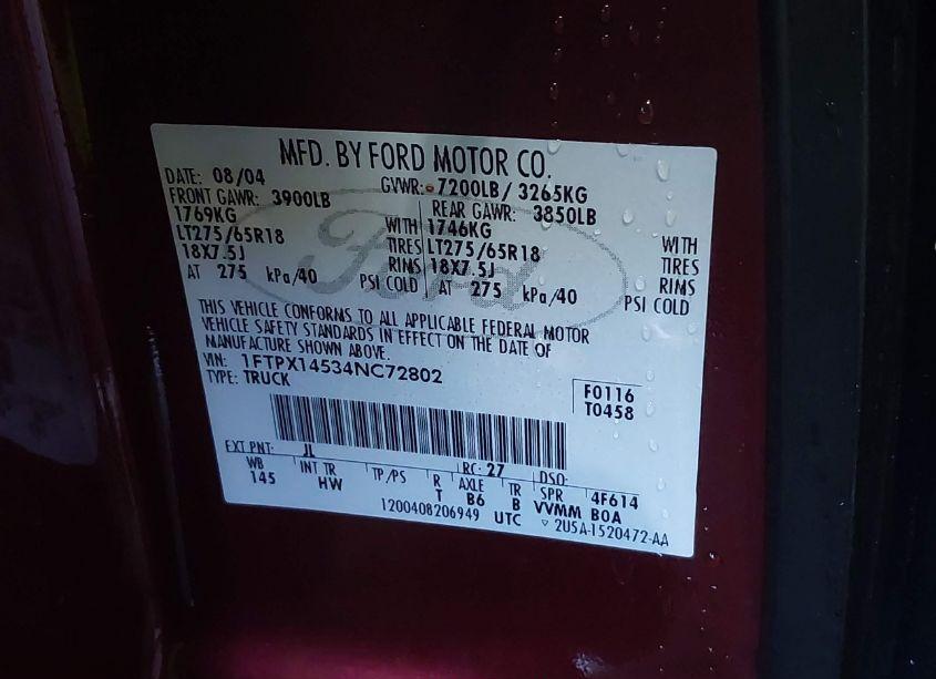Photo 9 of 2004 Ford F-150 FX4/LARIAT/XL/XLT (VIN 1FTPX14534NC72802)