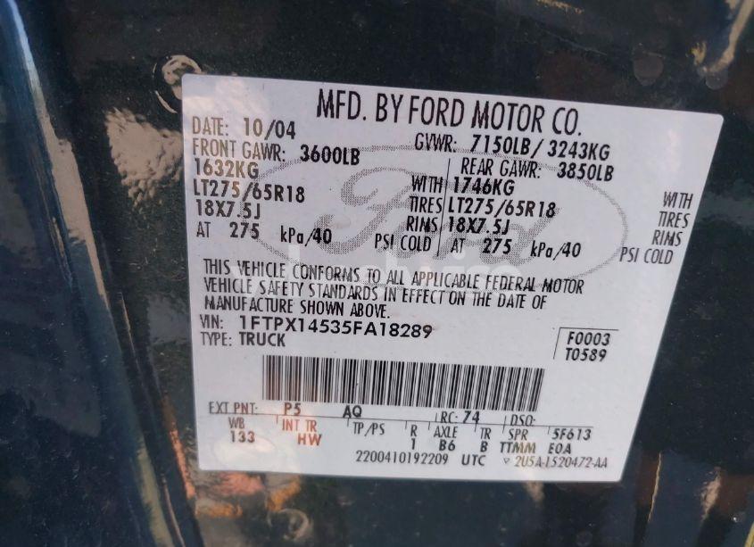 Photo 9 of 2005 Ford F-150 FX4/LARIAT/XL/XLT (VIN 1FTPX14535FA18289)