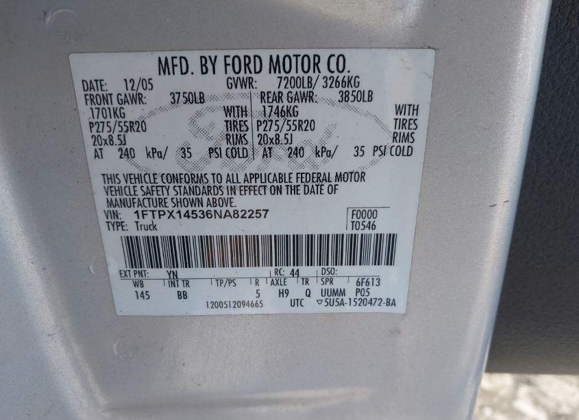 Photo 9 of 2006 Ford F-150 FX4/LARIAT/XL/XLT (VIN 1FTPX14536NA82257)