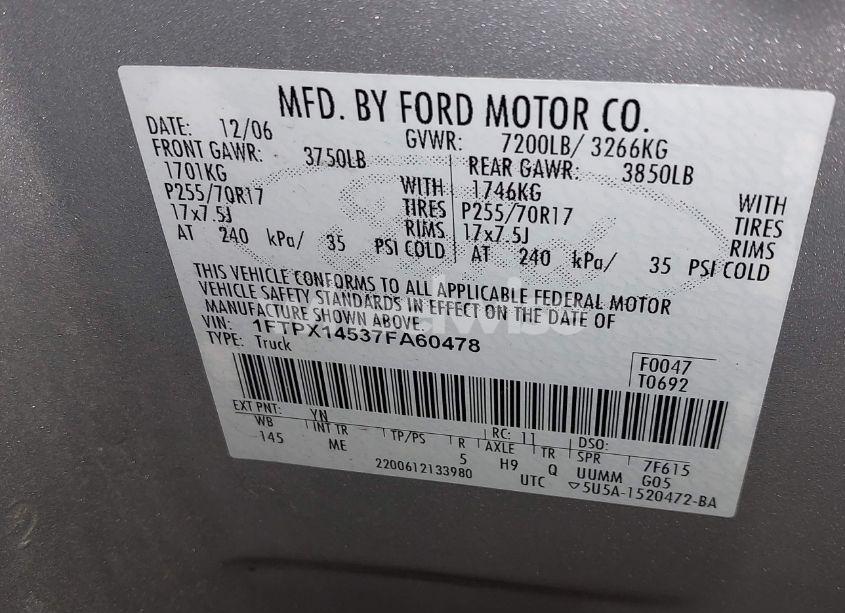 Photo 9 of 2007 Ford F-150 FX4/LARIAT/XL/XLT (VIN 1FTPX14537FA60478)