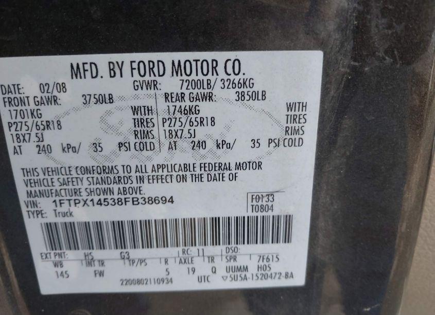 Photo 9 of 2008 Ford F-150 FX4/LARIAT/XL/XLT (VIN 1FTPX14538FB38694)