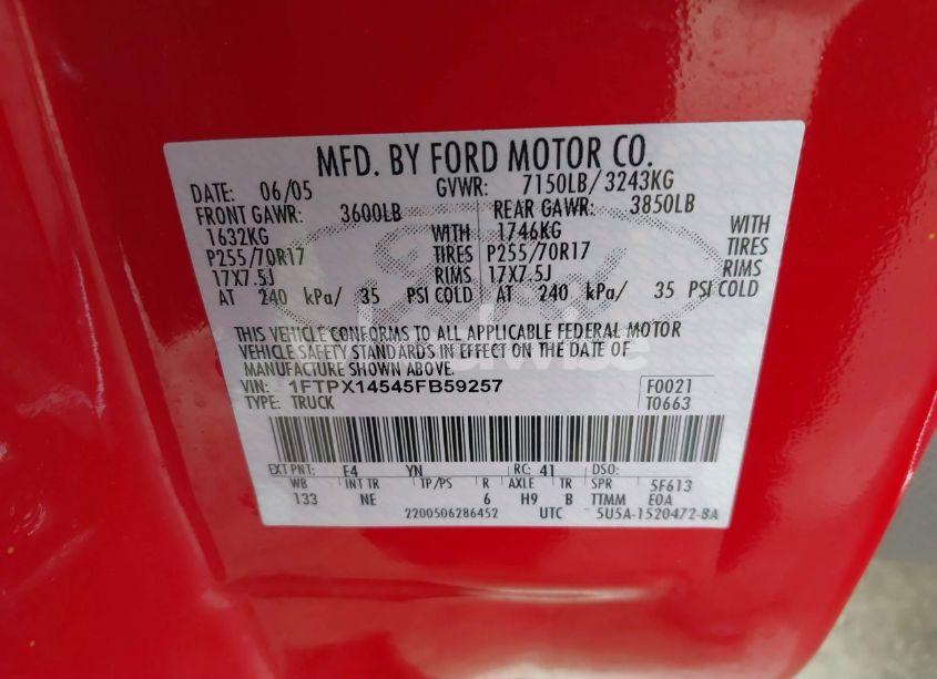 Photo 9 of 2005 Ford F-150 FX4/LARIAT/XL/XLT (VIN 1FTPX14545FB59257)