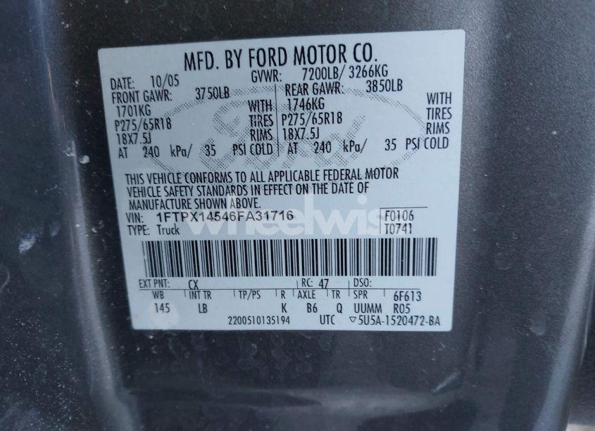 Photo 9 of 2006 Ford F-150 FX4/LARIAT/XL/XLT (VIN 1FTPX14546FA31716)