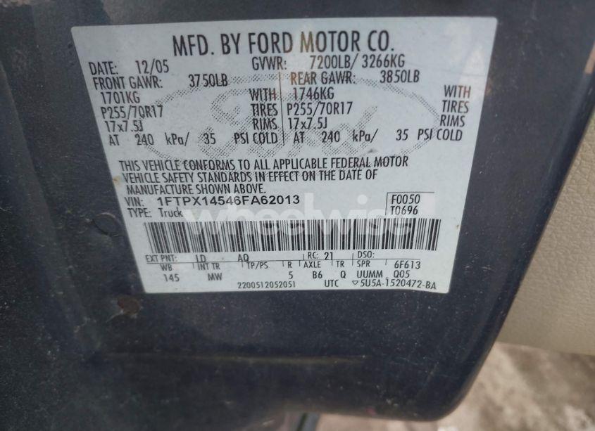 Photo 9 of 2006 Ford F-150 FX4/LARIAT/XL/XLT (VIN 1FTPX14546FA62013)