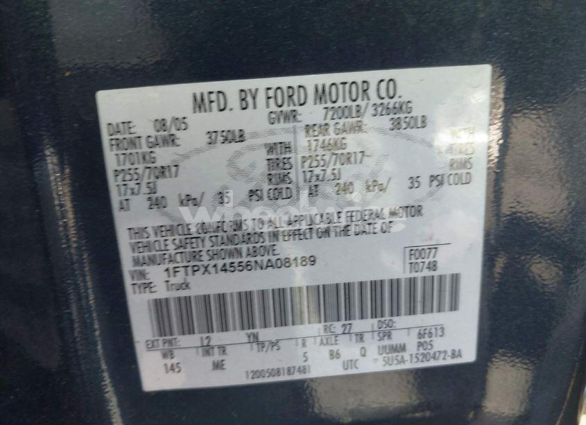 Photo 9 of 2006 Ford F-150 FX4/LARIAT/XL/XLT (VIN 1FTPX14556NA08189)