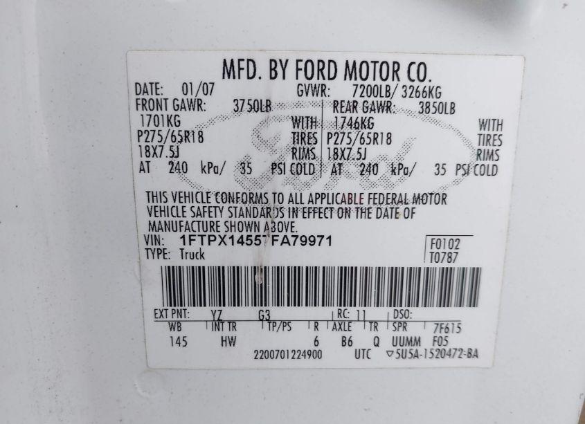 Photo 9 of 2007 Ford F-150 FX4/LARIAT/XL/XLT (VIN 1FTPX14557FA79971)